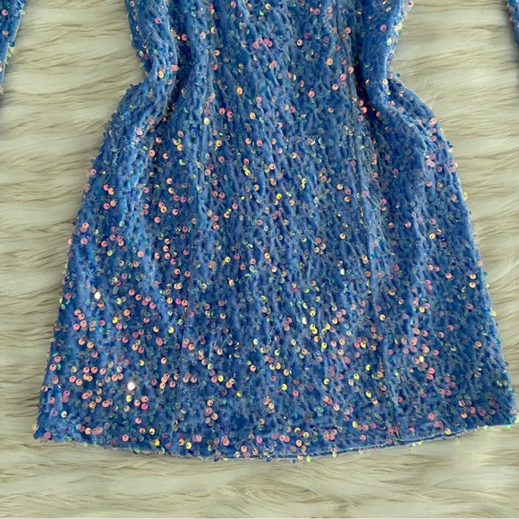 Lucy in the Sky Blue Sequins Velvet Off Shoulder Long Sleeve Bodycon Mini Dress - Picture 8 of 16